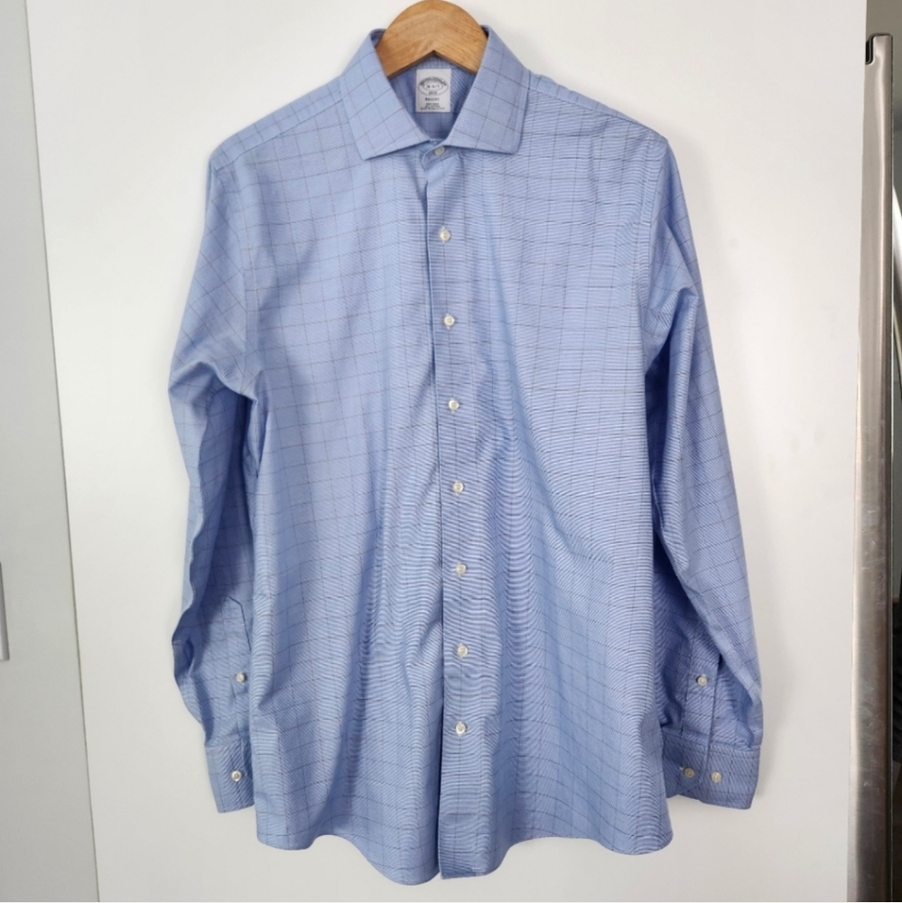 BROOKS BROTHERS Mens Non-Iron Cotton Button Down Shirt Windowpane Light Blue 16